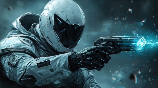 A futuristic astronaut in sleek white armor aims glowing weapon, showcasing advanced technology and dramatic atmosphere