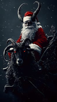 A dark, festive figure resembling Santa rides a horned creature.