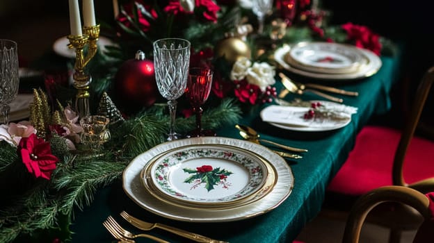 Christmas tablescape decoration, formal family dinner holiday celebration, luxury table setting decor, English country and home style idea