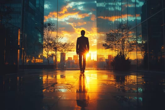 A person walking away from office building at sunset, reflecting golden light. scene captures serene and contemplative moment