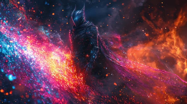 A Powerful knight in digital armor radiating vibrant cosmic energy and colors