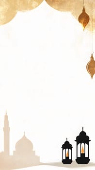 A decorative background featuring silhouettes of mosques and lanterns.