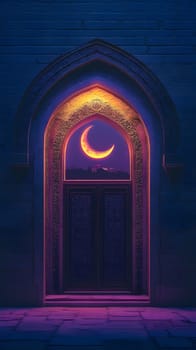 A decorative archway with a crescent moon view at dusk.