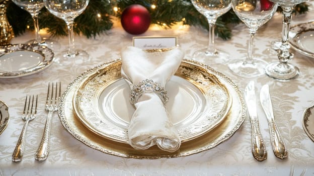 Christmas tablescape decoration, formal family dinner holiday celebration, luxury table setting decor, English country and home style idea