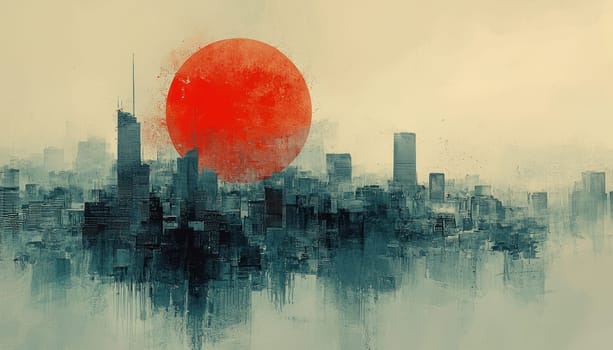 An Abstract imagery of rising sun over cityscape, evoking sense of tranquility and hope. vibrant red sun contrasts with muted skyline
