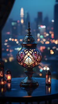 A decorative lamp illuminates a city skyline at dusk.