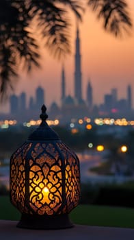 A decorative lantern illuminates a city skyline at sunset.
