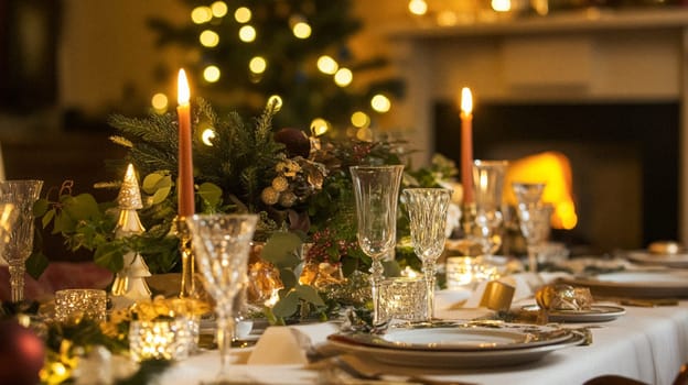 Christmas tablescape decoration, formal family dinner holiday celebration, luxury table setting decor, English country and home style idea