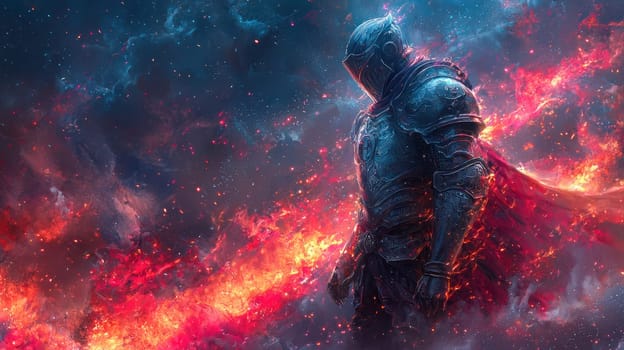 A Majestic knight in ornate digital armor stands against fiery backdrop, symbolizing strength and valor