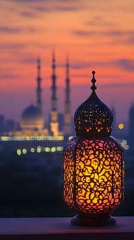 A decorative lantern illuminates a sunset view of a mosque skyline.