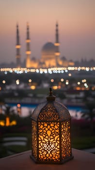 A decorative lantern in the foreground with a mosque at sunset.