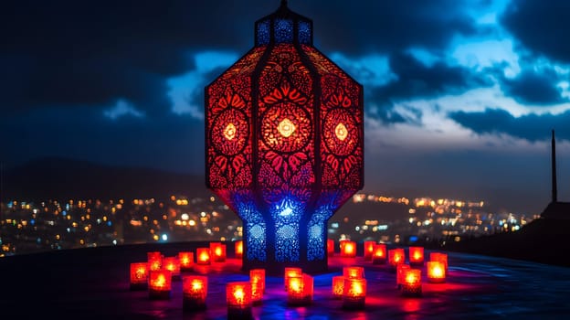A decorative lantern surrounded by candles, illuminating a night scene.