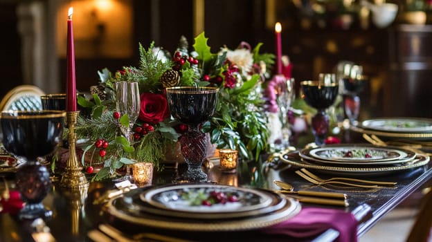 Christmas tablescape decoration, formal family dinner holiday celebration, luxury table setting decor, English country and home style idea