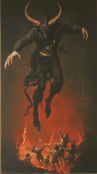 A demonic figure looms over figures in flames, symbolizing fear and chaos.
