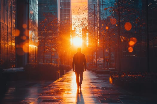 A person walking away from office building at sunset, surrounded by glowing light and reflections