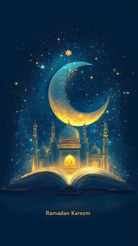 A glowing crescent moon and mosque above an open book for Ramadan.