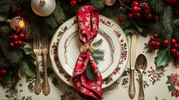 Christmas tablescape decoration, formal family dinner holiday celebration, luxury table setting decor, English country and home style idea