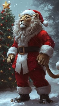 A lion dressed as Santa Claus stands near a decorated Christmas tree.