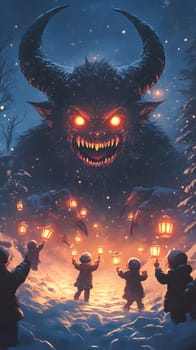 A monstrous figure looms over children holding lanterns in a snowy scene.