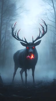 A mystical deer with glowing eyes and a fiery ornament in a foggy forest.