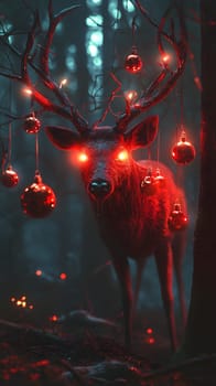 A mystical deer adorned with glowing ornaments in a foggy forest.