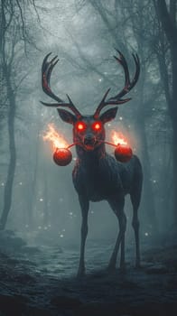 A mystical deer with glowing eyes and fiery ornaments in a foggy forest.