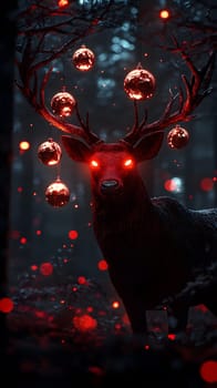 A mystical deer with glowing eyes and ornaments in a dark forest.