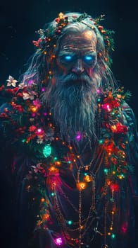 A mystical figure adorned with lights and flowers, exuding magic.