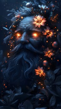 A mystical figure with glowing eyes surrounded by flowers and foliage.