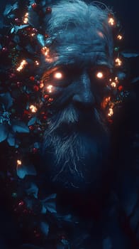 A mystical figure with glowing eyes surrounded by foliage and lights.