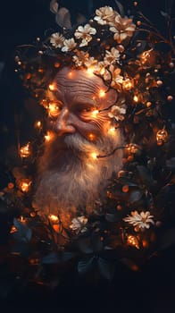 A mystical portrait of an elderly man adorned with flowers and lights.