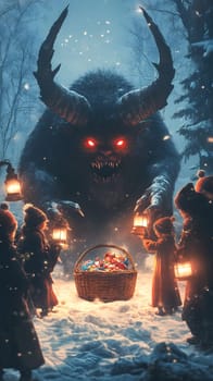 A mythical creature looms over children with a basket of treats.