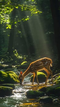A serene deer drinking from a sunlit forest stream.