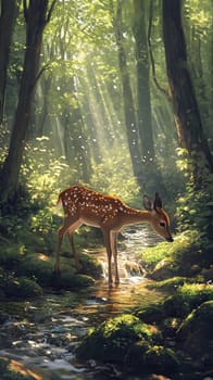 A serene fawn stands by a sparkling stream in a lush forest.