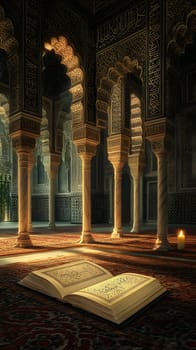 A serene interior with ornate arches and an open book.