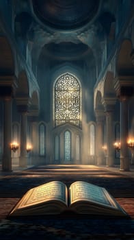 A serene library with an open book and stained glass windows.
