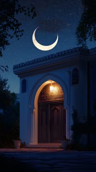 A serene night scene featuring a crescent moon and an inviting doorway.