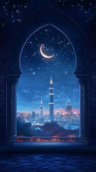 A serene night view of a city with a crescent moon and minarets.