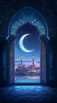 A serene night view through an ornate archway featuring a crescent moon.