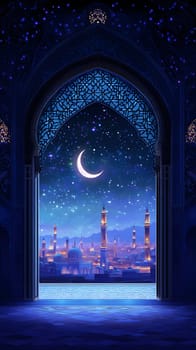 A serene night view through an ornate archway, featuring a crescent moon.