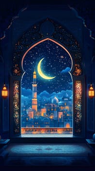 A serene night view through an ornate archway, featuring a crescent moon.