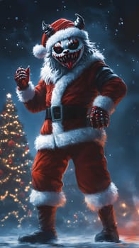 A sinister Santa figure with a menacing grin, set against a festive backdrop.