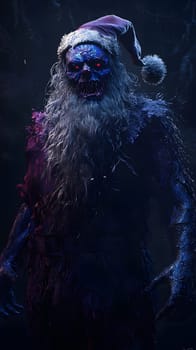 A sinister, mythical figure with a Santa hat and eerie glow.