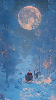 A snowy landscape with Santa riding a sleigh under a full moon.