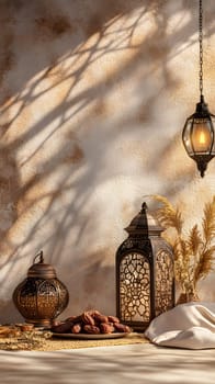 A warm, inviting arrangement of lanterns and dates with shadows.