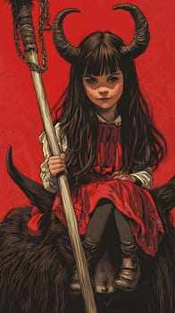 A young girl in a red dress sits on a dark creature, holding a staff.