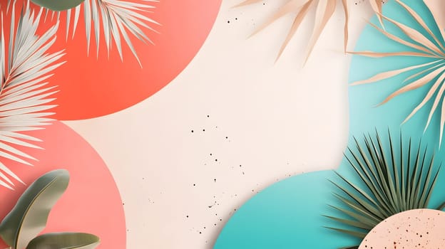 Abstract design with colorful shapes and tropical leaves.