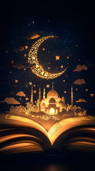 An illuminated book with a crescent moon and a mosque silhouette.