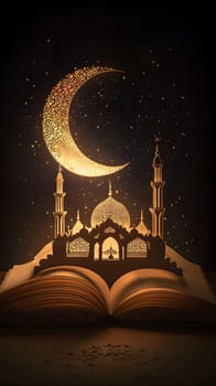 An illuminated book with a mosque silhouette and crescent moon.