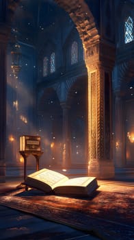 An illuminated open book in a grand, mystical library setting.